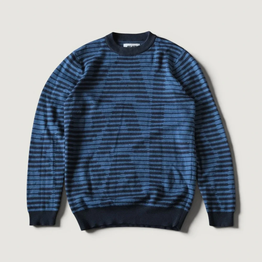 Palace Rep Knit Sweater Mens Indigo Blue Striped Distressed Streetwear M Vintage