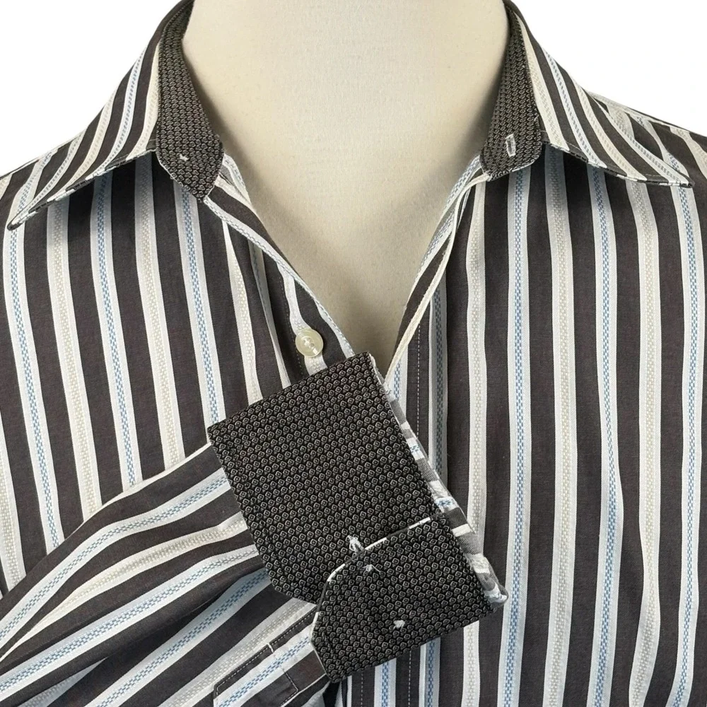 Johnston & Murphy Mens XL Tailored‎ Fit Brown White Blue Striped Button Down