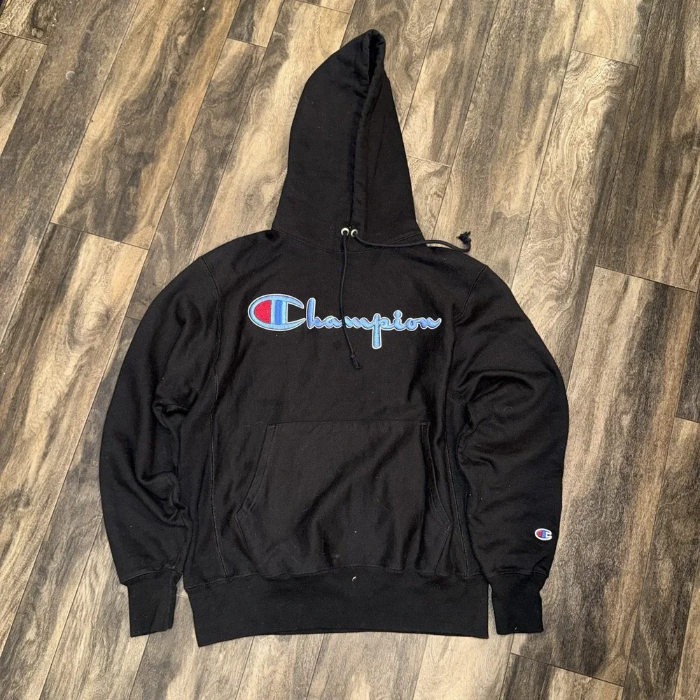 Champion Fleece Hoodie Reverse Weave Script Logo Men's Size M Black 3D Floss