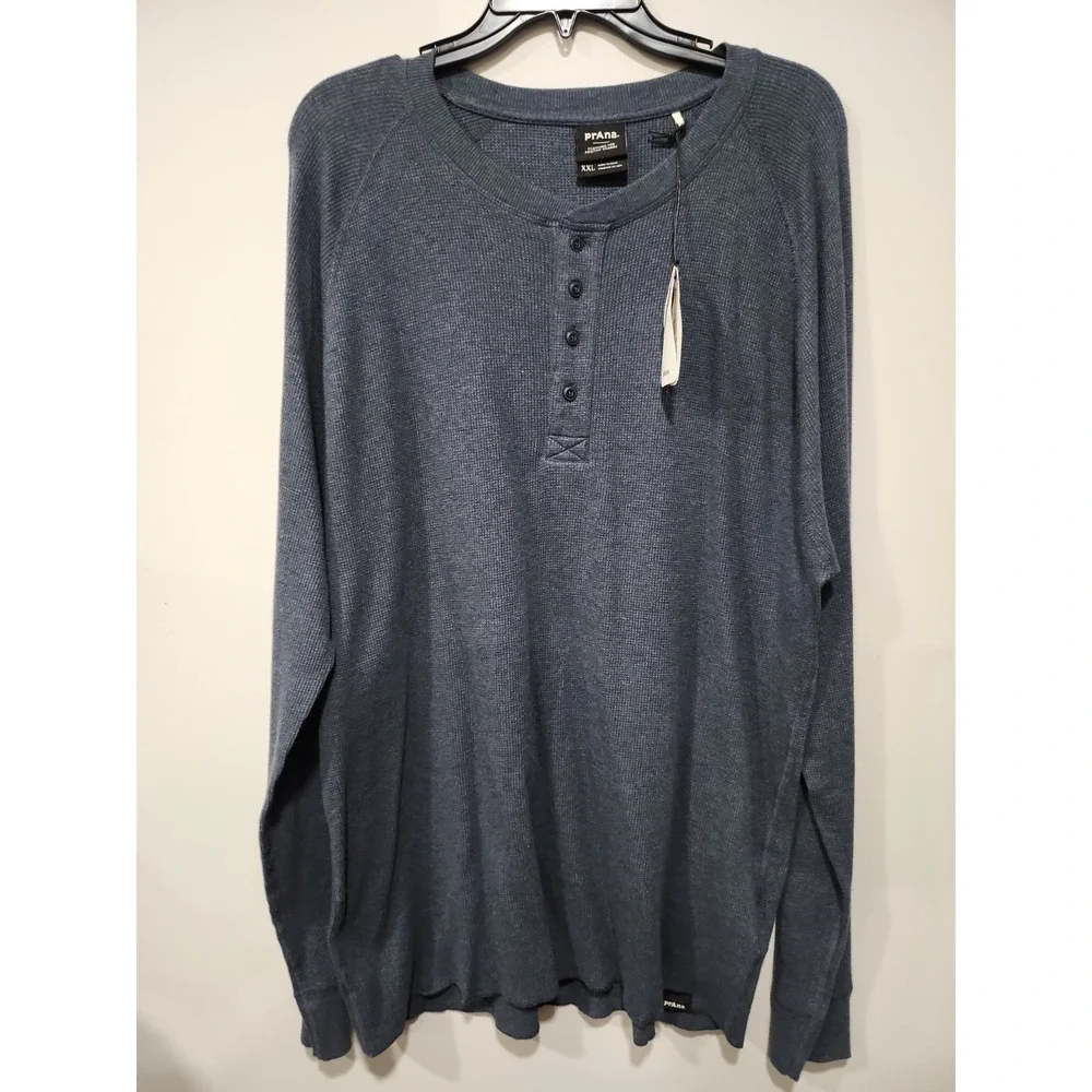Prana NWT Touchstone Henley Mens‎ XXL Long Sleeve Blue-Gray Cotton Blend Stretch