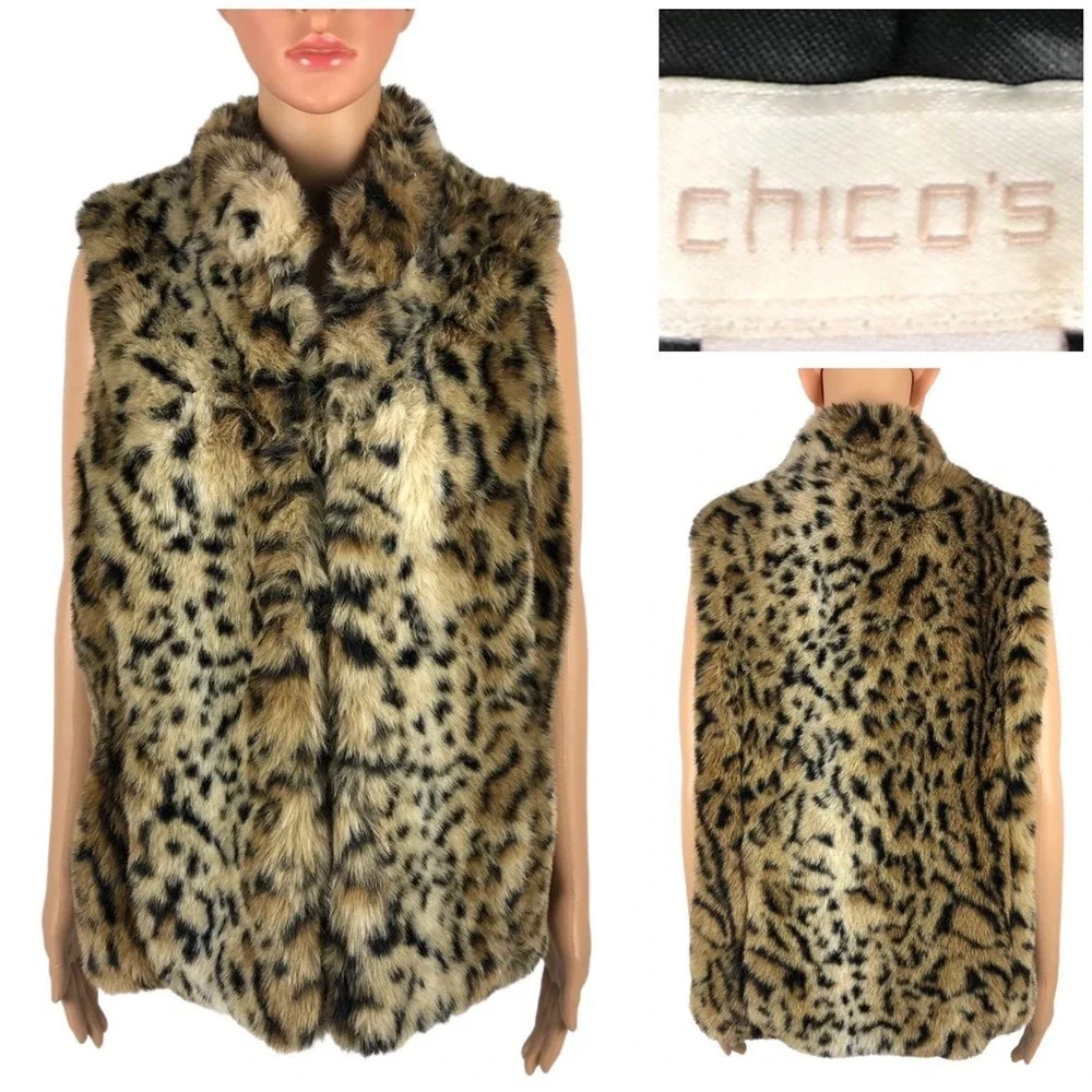 Chicos Leopard Faux Fur Vest Heavy Warm Size 2 Open Front Sleeveless EUC