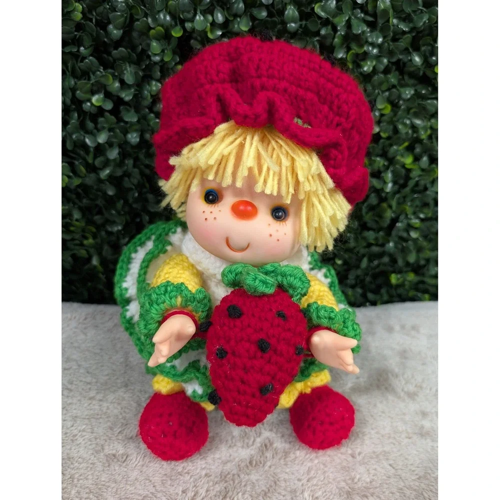 Handmade Crochet Strawberry Shortcake Inspired Doll Red Green Yellow Vinyl‎ Face