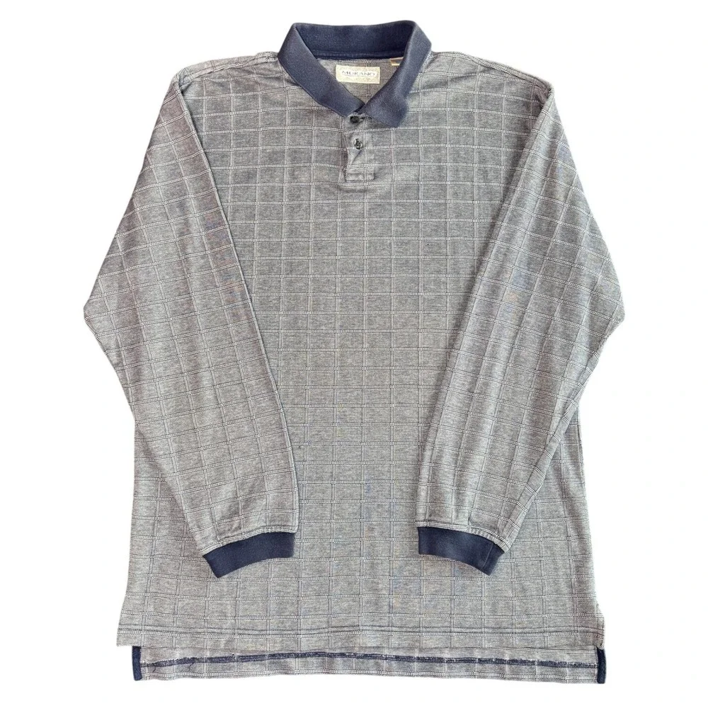 Murano Mens XL Long Sleeve Polo Rugby Shirt Navy Blue Grid Windowpane 100 Cotton