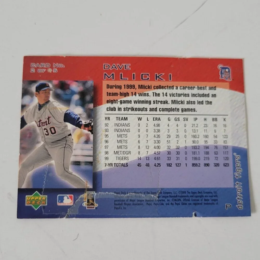 Detroit Tigers Dave Mlicki Baseball Card 2000 Upper Deck Pepsi