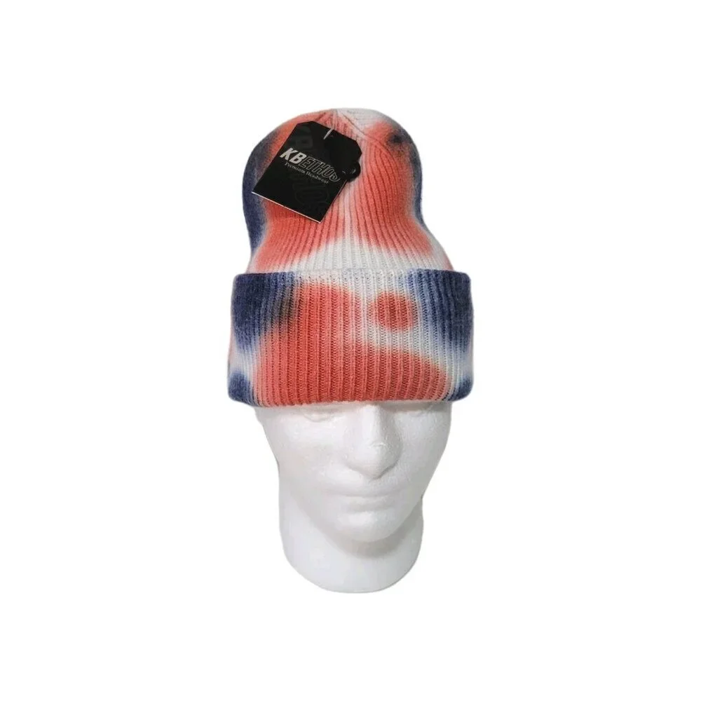 KB Ethos Beanie Hat NWT Stocking Cap Fisherman Warm Blue Orange White Tie Dyed