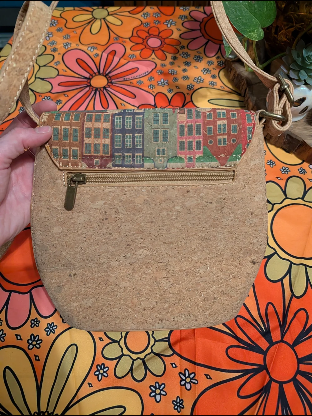 Cork Crossbody Bag with Colorful City Print