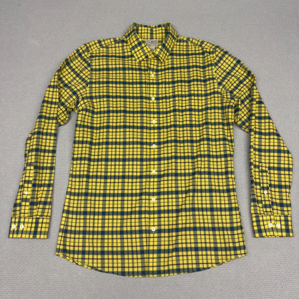 LL Bean Flannel Shirt Mens Medium Tall Yellow Plaid Slightly Fitted Button Down