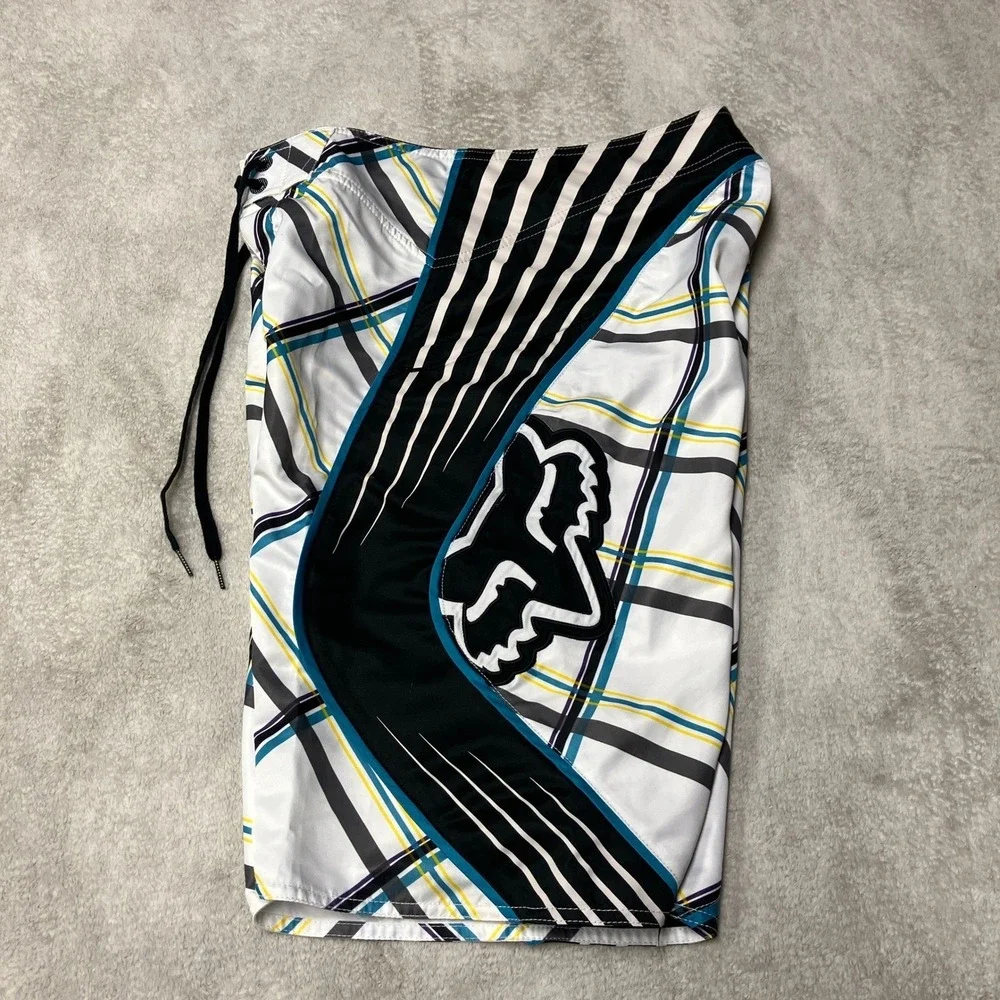 Y2K Fox Racing Board Shorts Plaid Geometric Abstract Big Logo Mens 30