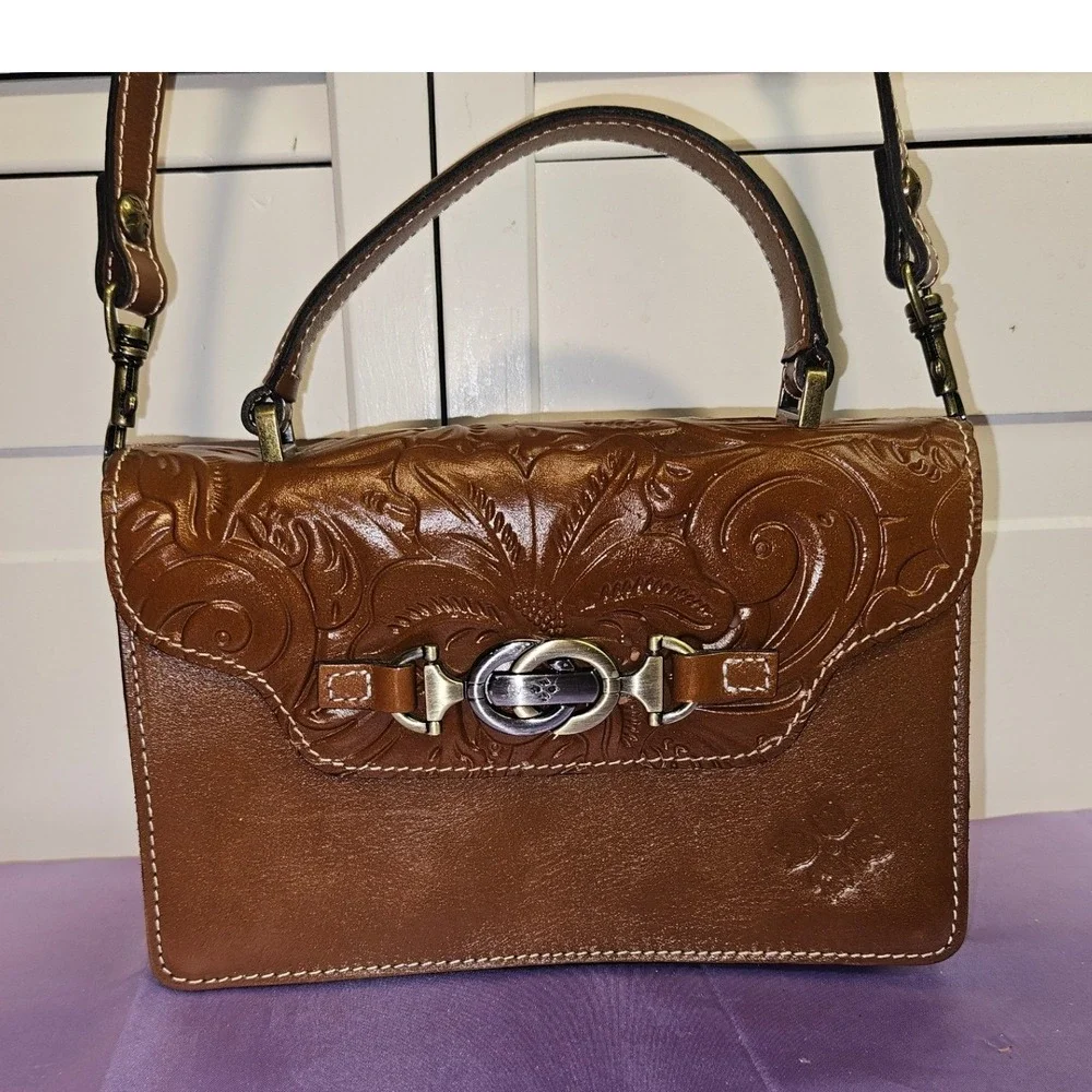 Patricia‎ Nash Brown Tooled Leather Floral Crossbody Satchel Bag Top Handle