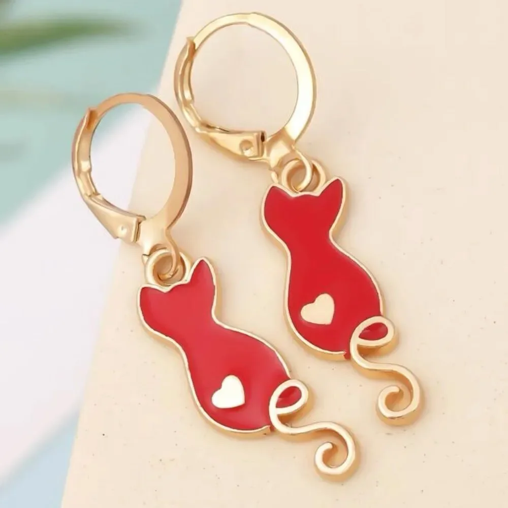 🐈 Awesome Red Kitty Heart Artsy Hoop Dangle Pierced Earrings 🐈‍⬛