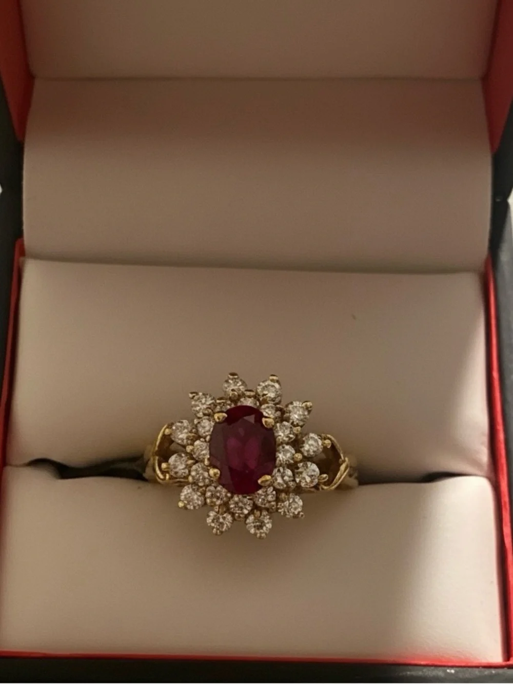 Vintage Style Ruby Red & CZ Sunburst Cocktail Ring