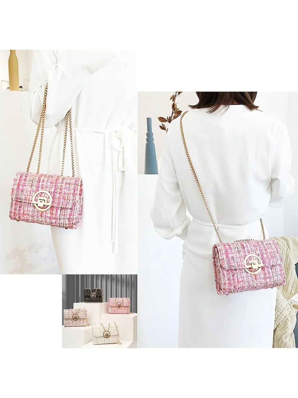 👜Women's Pink Travel Shoulder Bag Chain Quilted Crossbody Evening Clutch