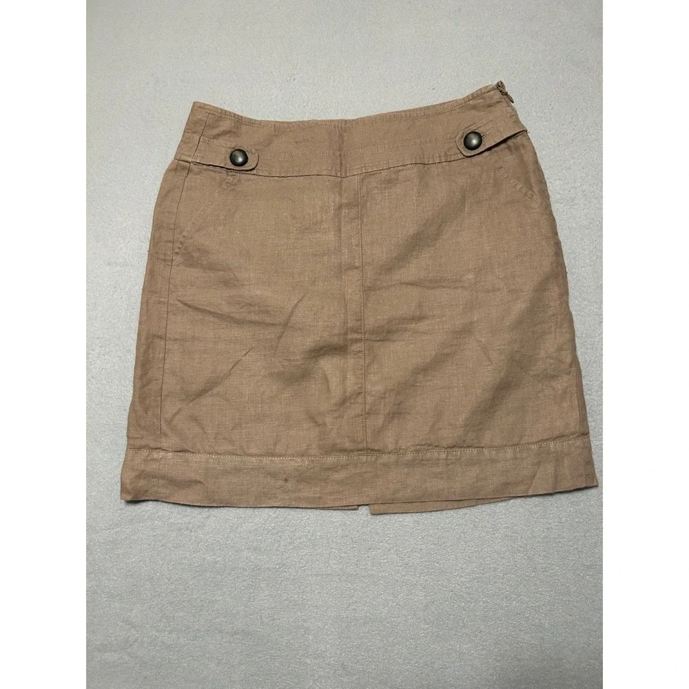 Banana Republic Brown 100% Linen Mini Skirt Size 2 Side Zip Pockets Lined