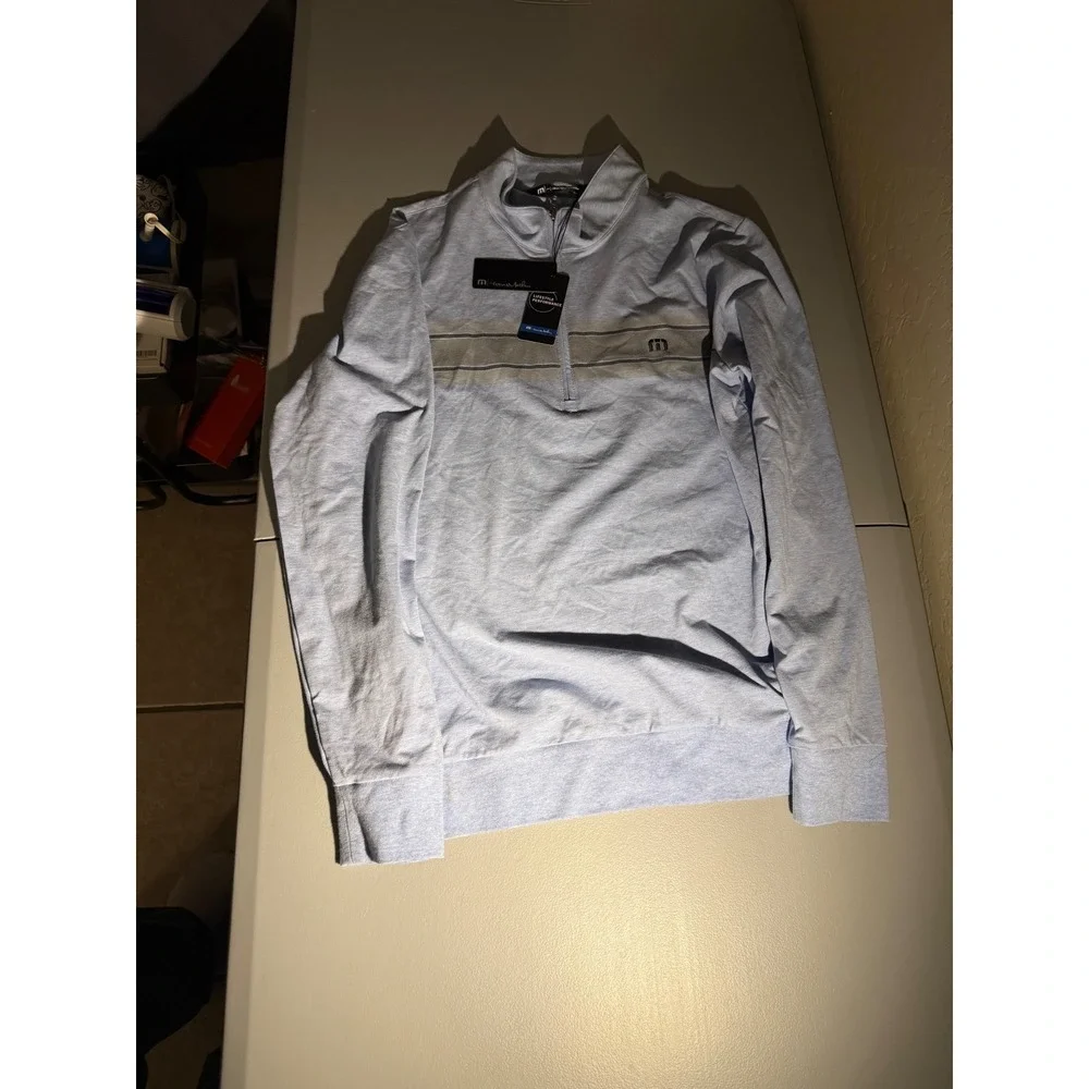 Travis Mathew Mens Blue Heathered Quarter Zip Pullover Chest Stripe Large NWT
