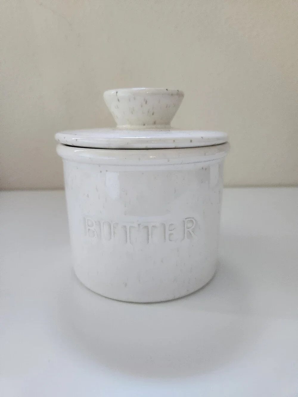 White Speckled Ceramic BUTTER Crock Farmhouse Kitchen Decor