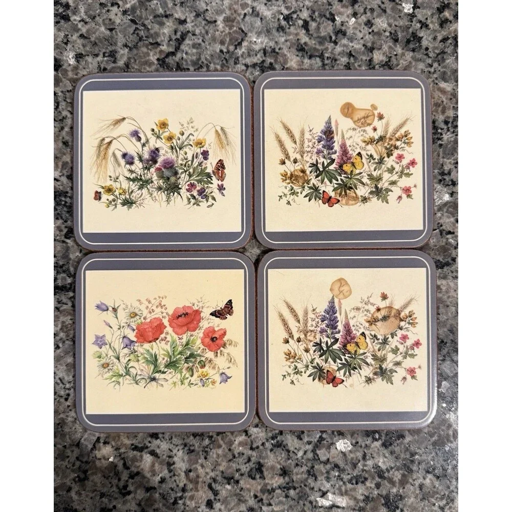 Vintage Pimpernel Coasters Set 4 Cork Backing Meadow Floral Poppies Butterflies