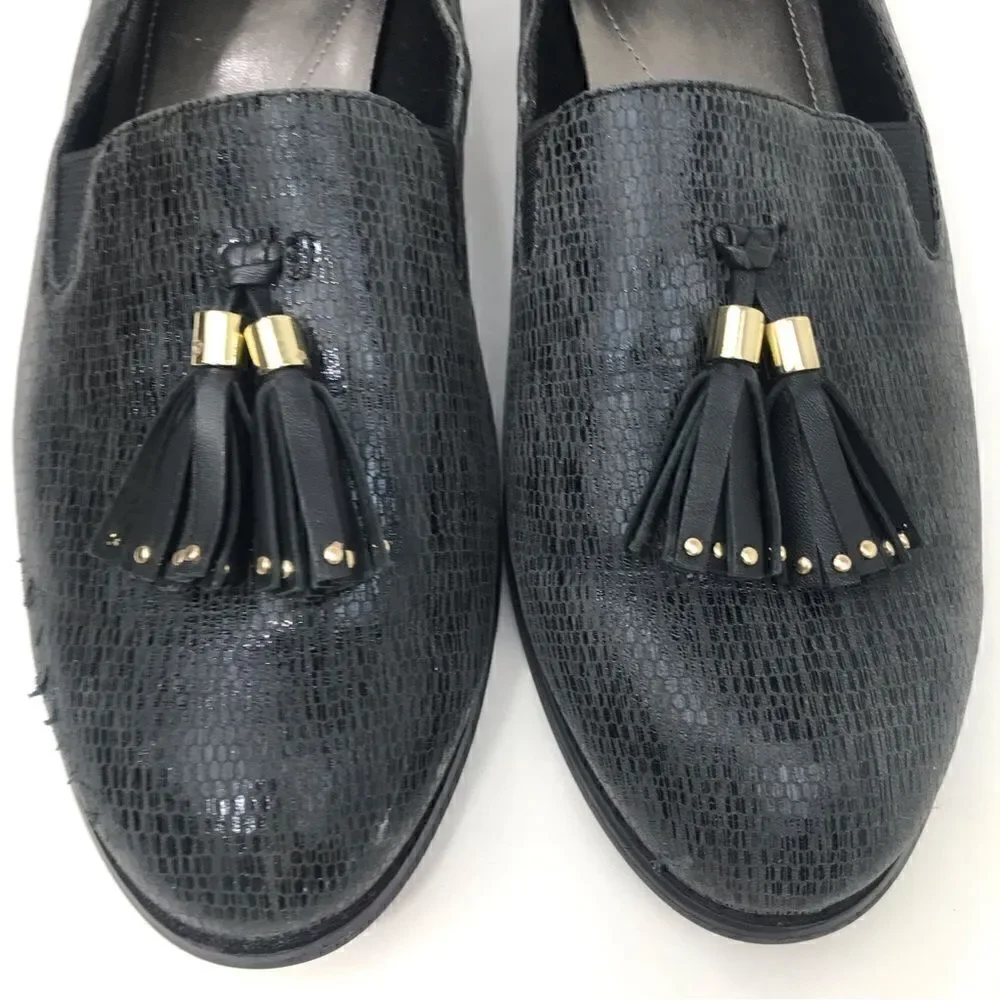 Ros Hommerson DIXIE  Tassel Loafer in Charcoal Iguana Print Leather