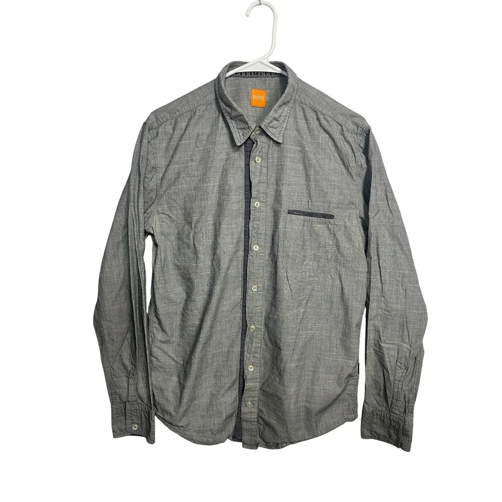 Hugo Boss Orange Mens Grey Crosshatch Button Down Long Sleeve‎ Shirt Large