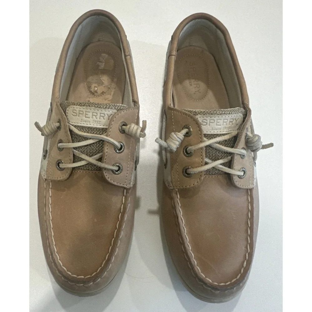 Sperry Songfish Boat Shoes Women 9.5‎ Linen Oat Tan Leather Comfort Moc Toe