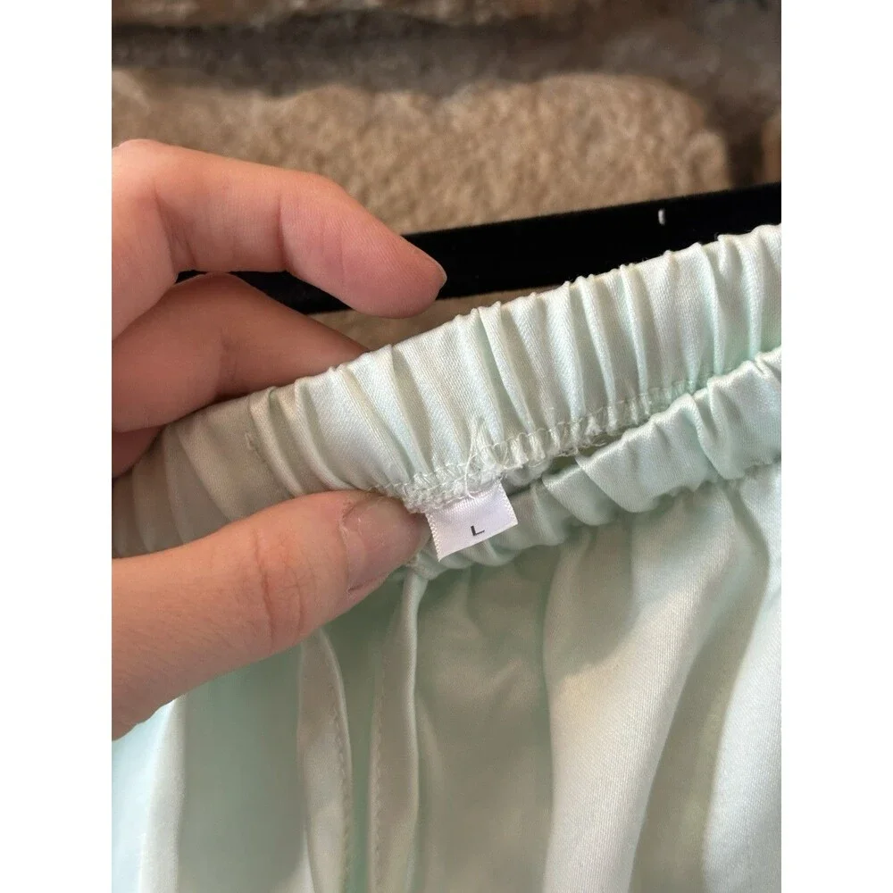 VTG Miss Elaine Satin Pajamas Long Sleeve Set Pants Top L Mint Pastel Green 2Pc