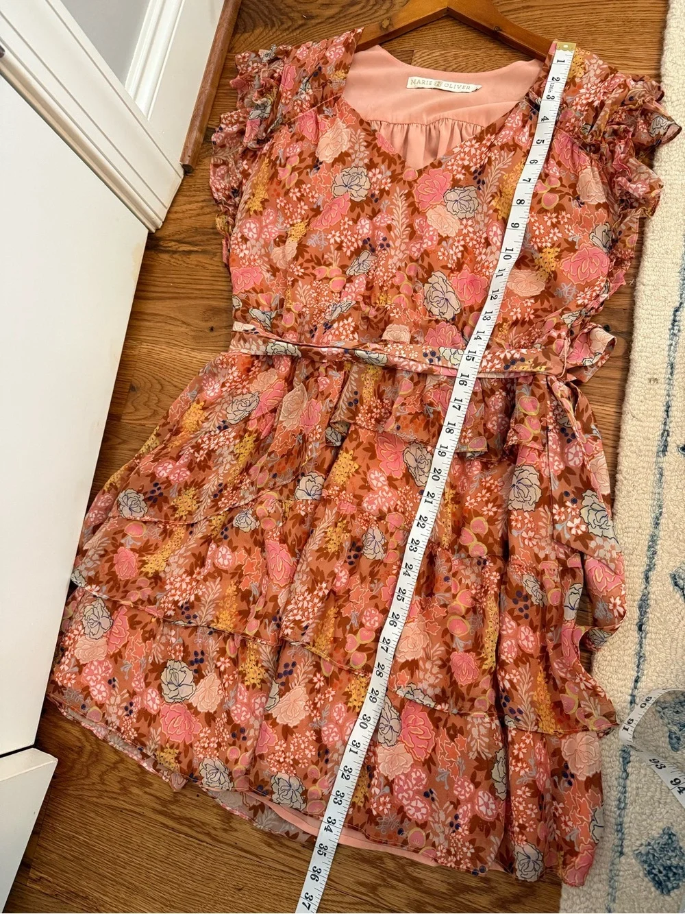 Marie Oliver Thea Ruffled Floral-Print Mini Dress Size Large Metallic Silk Blend