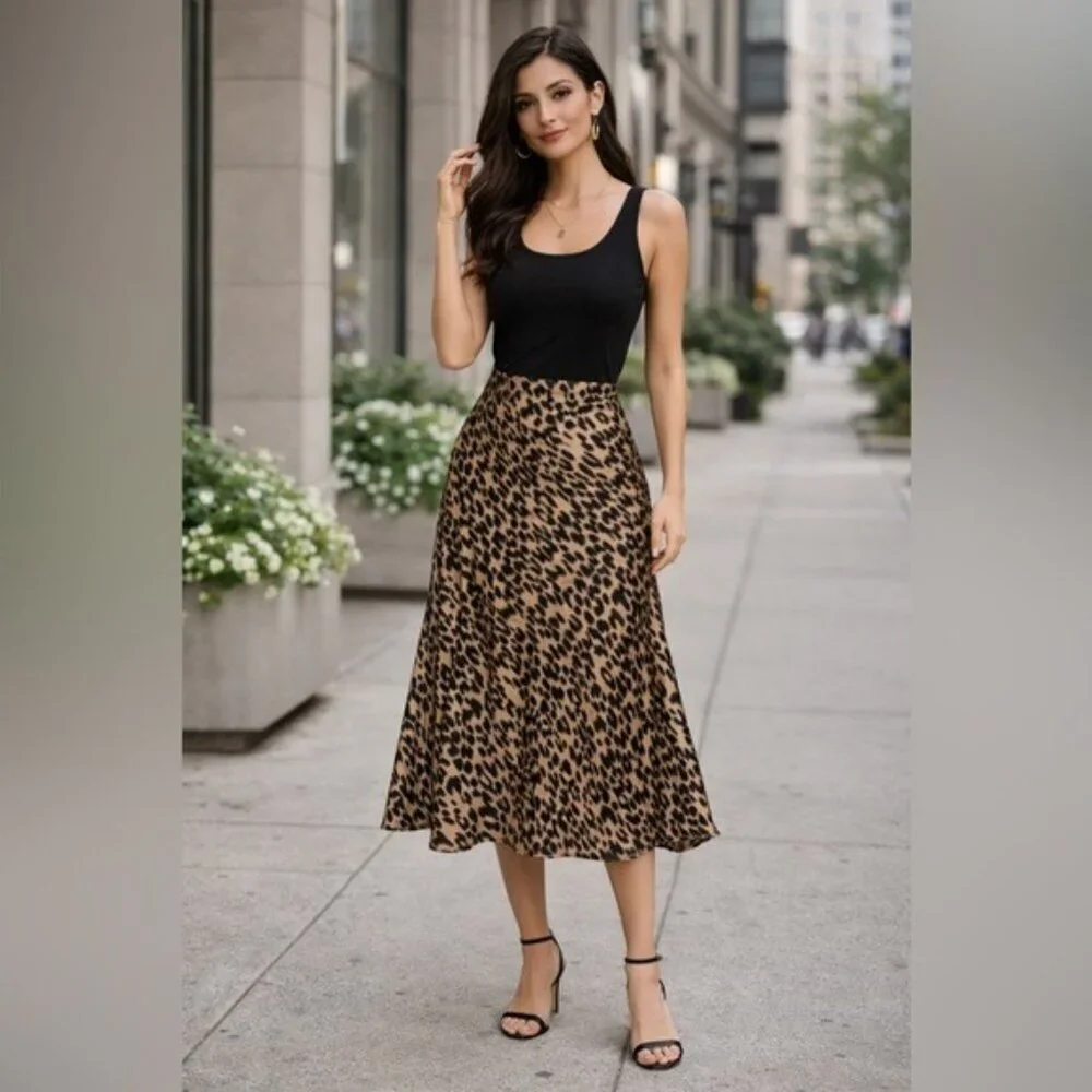 Sienna Sky Satin Leopard Print Midi Skirt Animal Print Medium