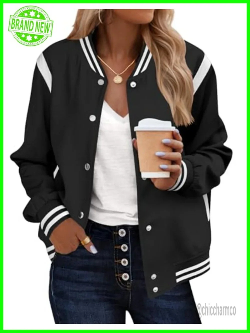 Lightweight Bomber Jacket Women Varsity Casual Snap Button Outfits with Pockets