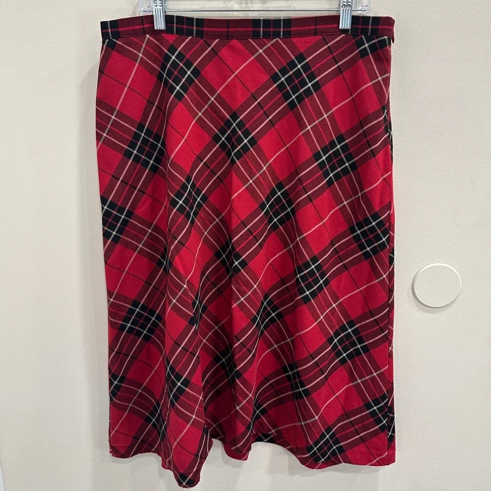 Red Plaid Tartan Midi Skirt Bias Cut A-Line Red Black White Classic Preppy Sz 14