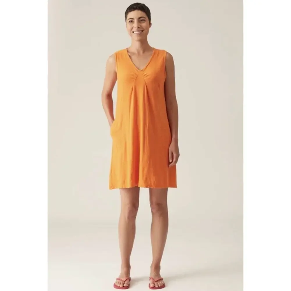 CUT LOOSE‎ XS Linen Cotton Jersey Tuck Shift Dress Orange Sleeveless Lagenlook