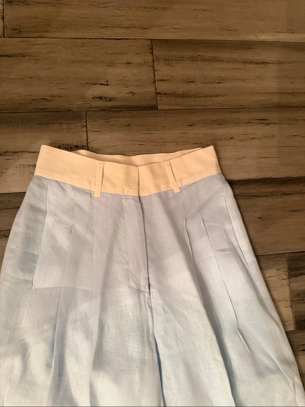 Light Blue Wide-Leg Pants with Cream Waistband