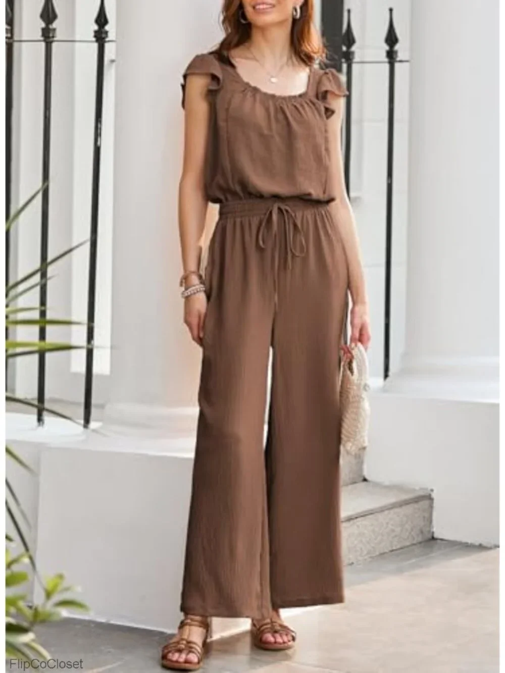 Dokotoo Womens Summer Jumpsuit Square Neck Ruffle Sleeve Wide Leg Romper