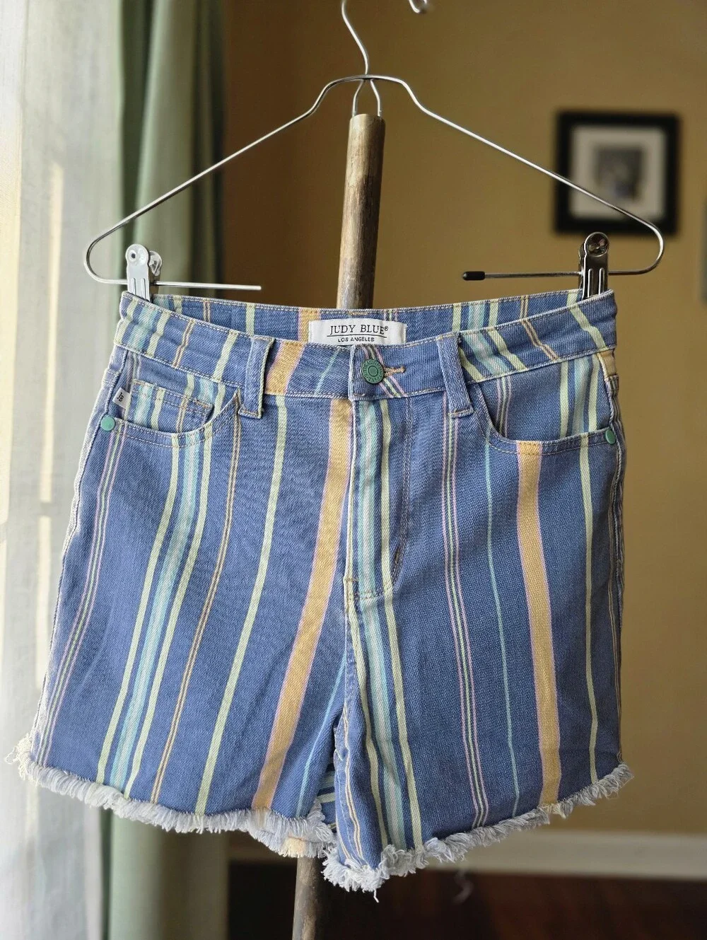 Judy Blue Striped High Waist Denim Shorts Raw Hem Stretch Cutoffs Small Boutique