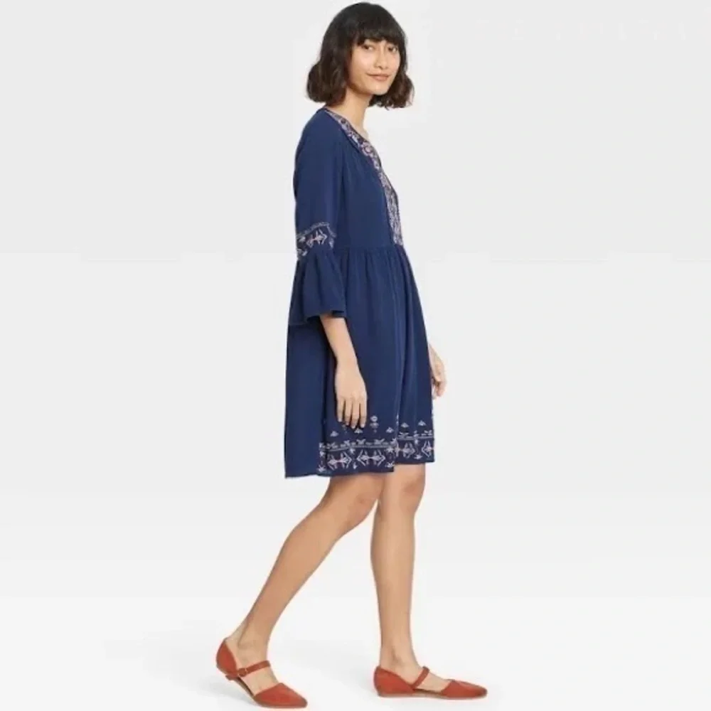 Knox Rose Starry Night Navy Blue Embroidered Boho Bell Sleeve Rayon Dress Sz S