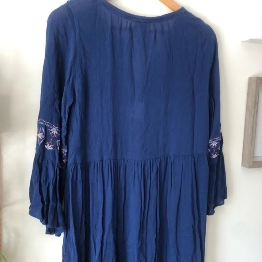 Knox Rose Starry Night Navy Blue Embroidered Boho Bell Sleeve Rayon Dress Sz S