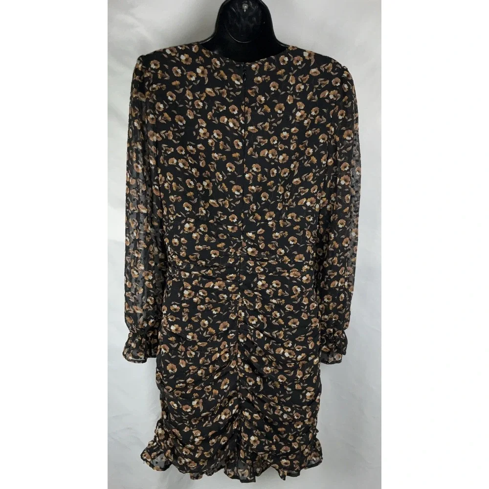 Storia  Dress Size S Mini Floral Long Sleeve ‎ Black Brown Ruched Swiss Dot Zip