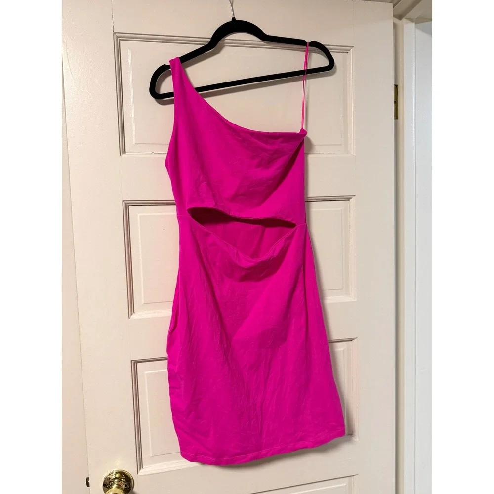 Susana Monaco One Shoulder Cutout Mini Dress‎ Hot Pink Fuchsia Bodycon Size L