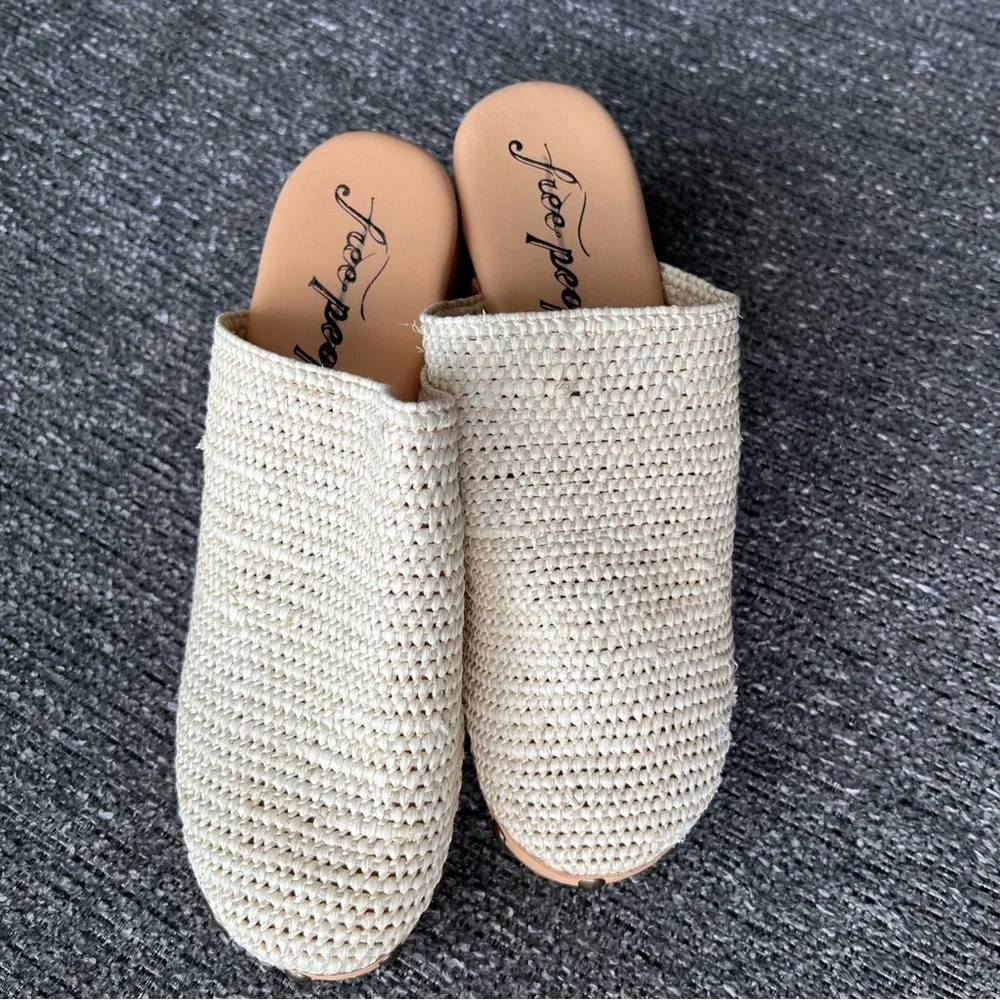 Free People Cream Tan Clog Mules with Wooden Soles