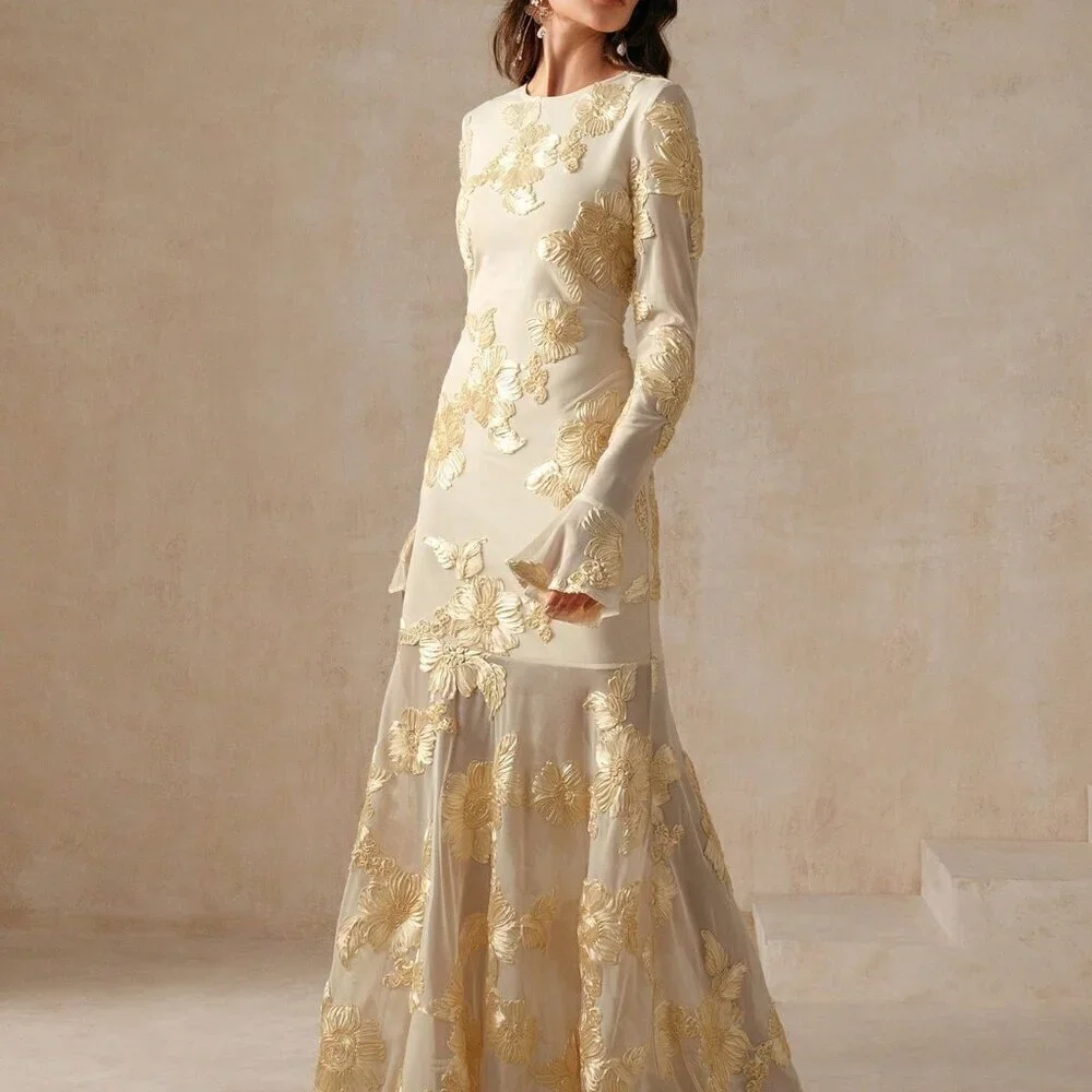Apricot Elegant Women's Floral Embroidered Backless Fishtail Dress