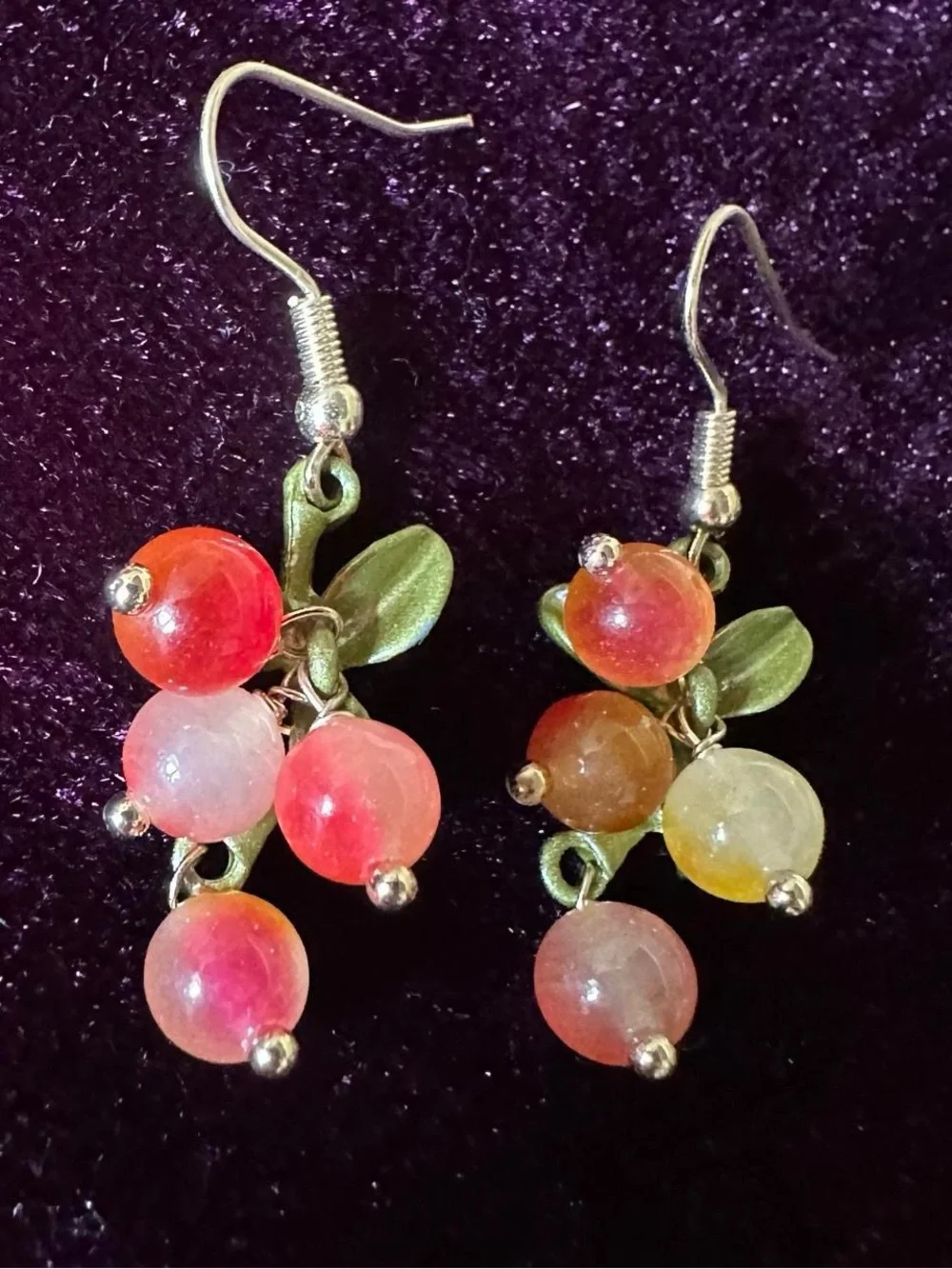 Real stone crystal orange yellow and green cranberry bead leaf earrings.