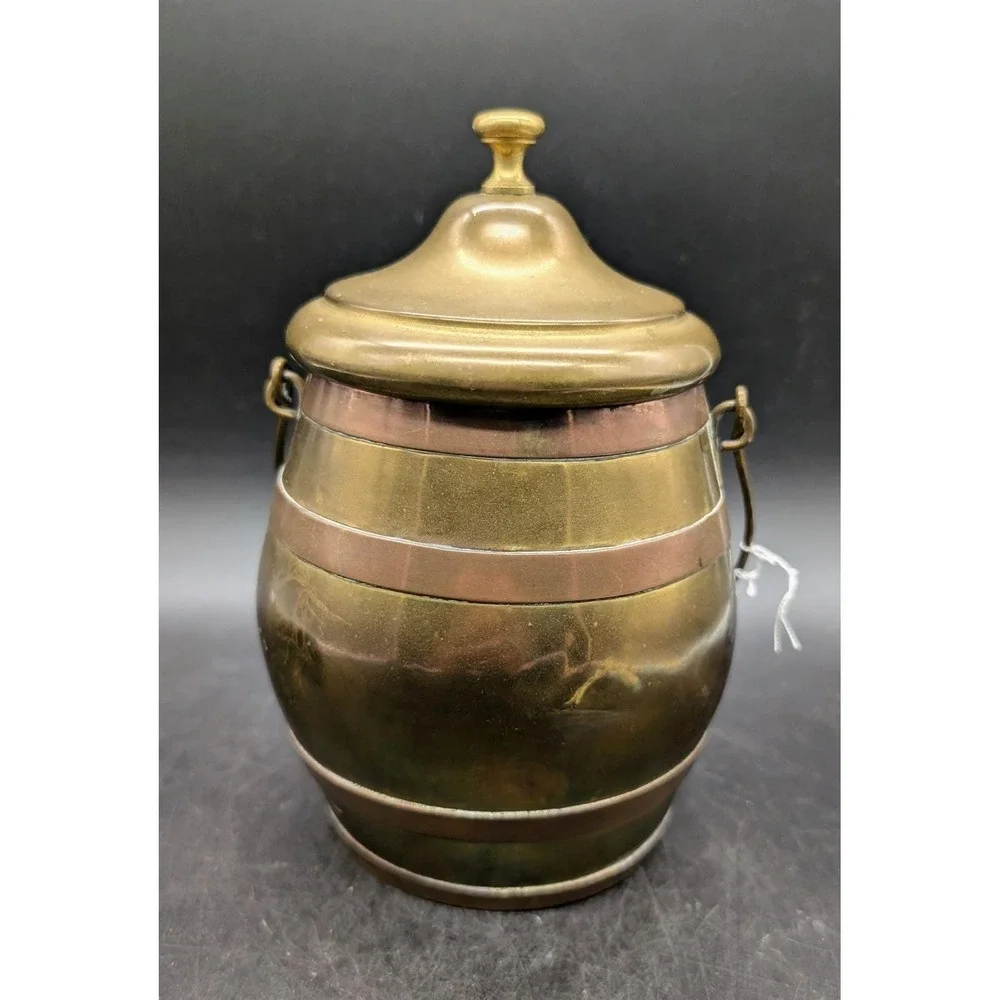 Vintage Brass and Copper Barrel Canister with Bail Handle and Lid Mixed Metal 8