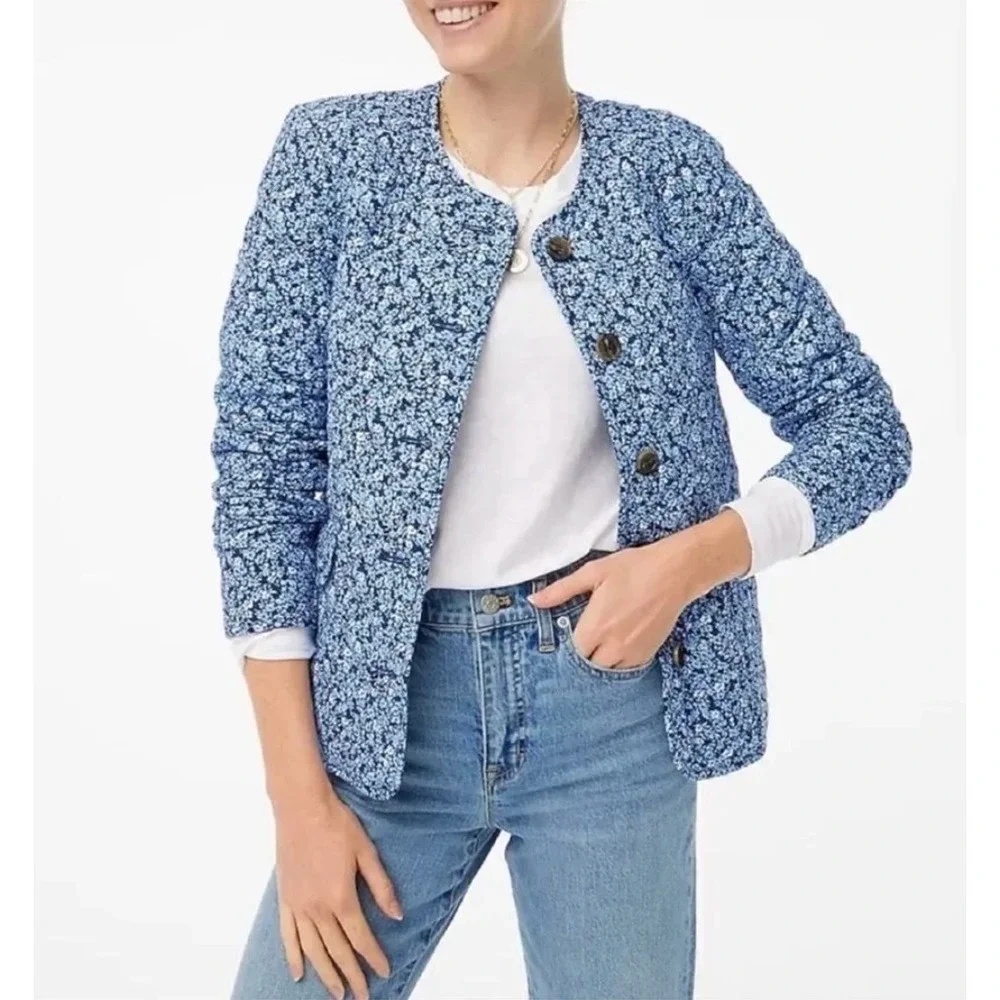 J.CREW Women Short Quilted‎ Cotton Blend Blue Floral Jacket Womens 8