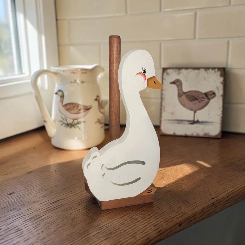 Vintage Wooden Goose Paper Towel Holder Hand Painted Country Farmhouse