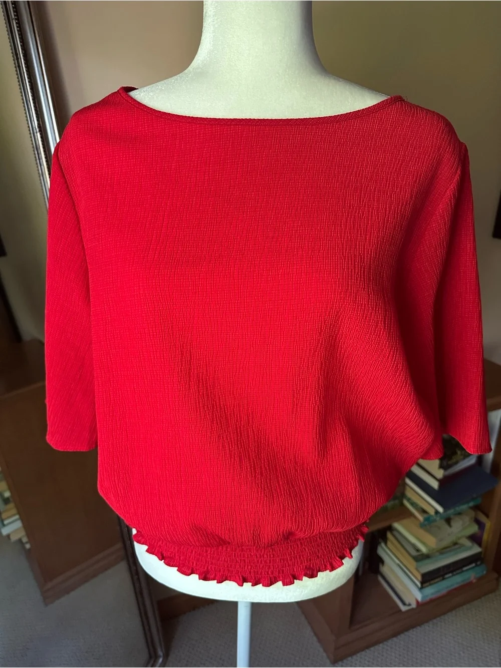 Michael Kors Red Smocked‎ Waist Blouse Size M Textured Short Sleeve Boat Neck⁠