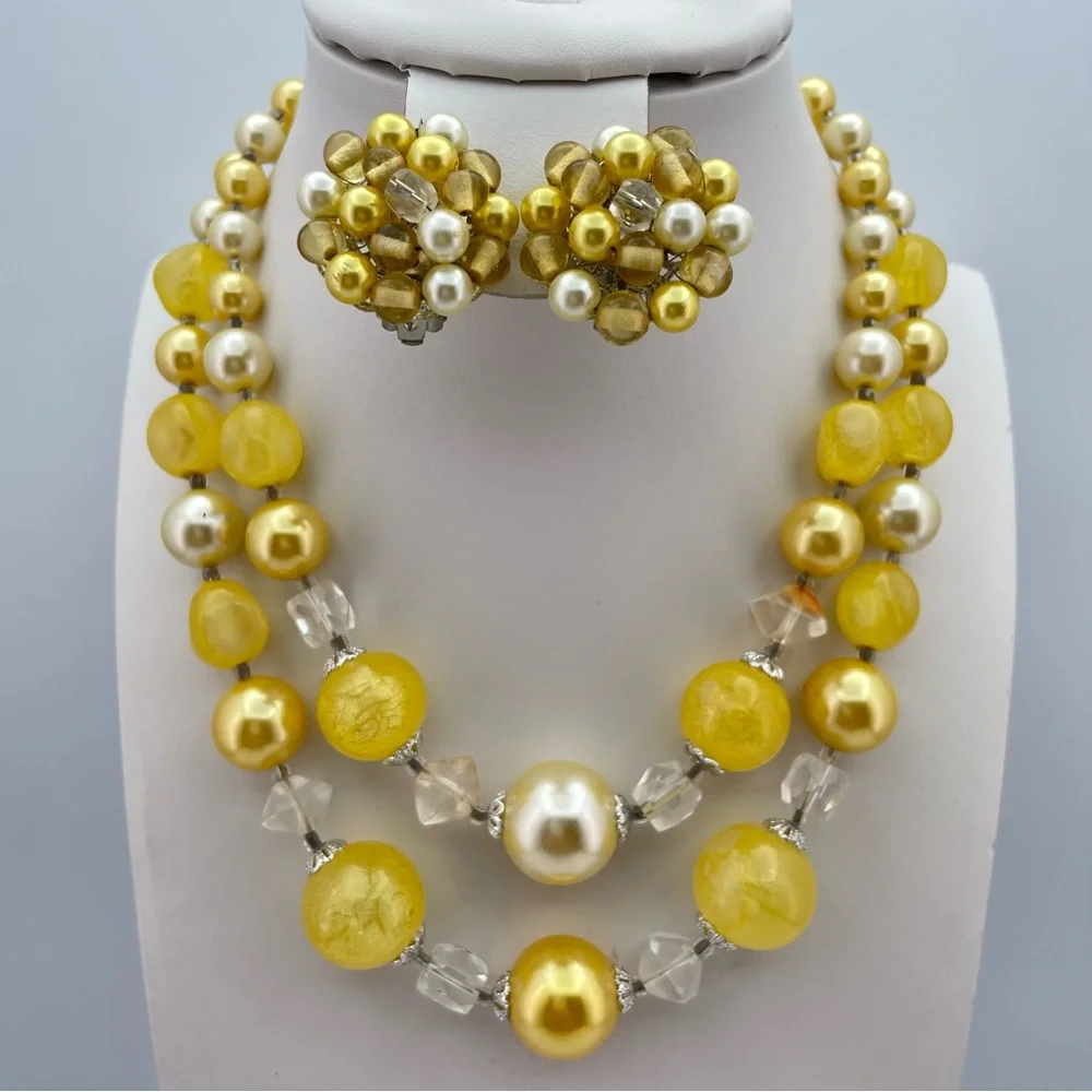 Vintage Japan Gold & Ivory Beaded Necklace & Cluster Clip Earring Set
