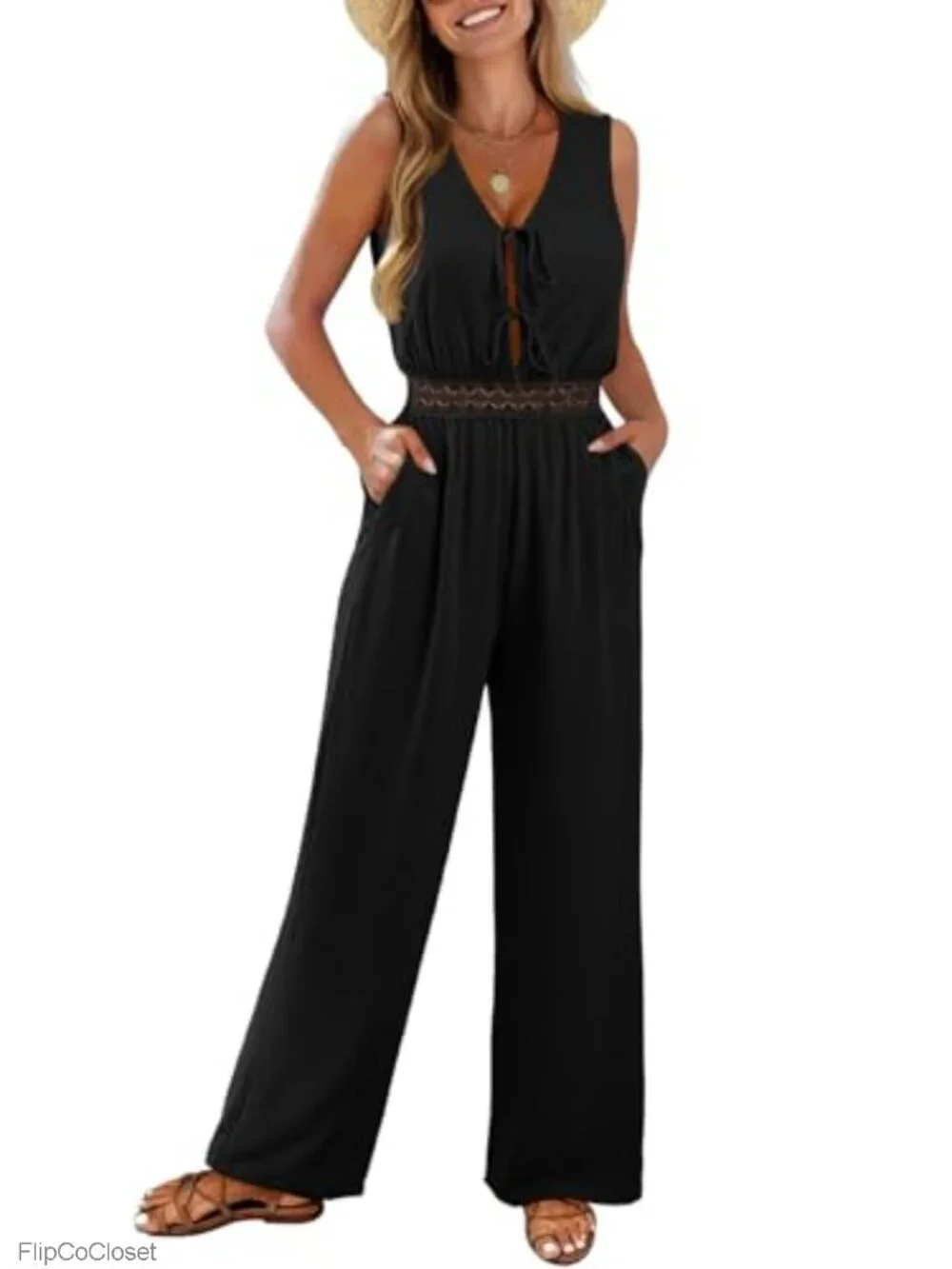 Sleeveless V Neck Tie Front Wide Leg Jumpsuit Romper with Pockets