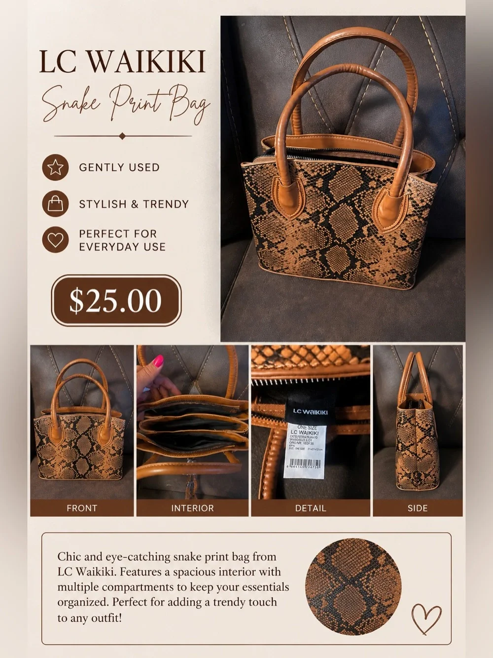 LC Waikiki Brown Snake-Print Tote