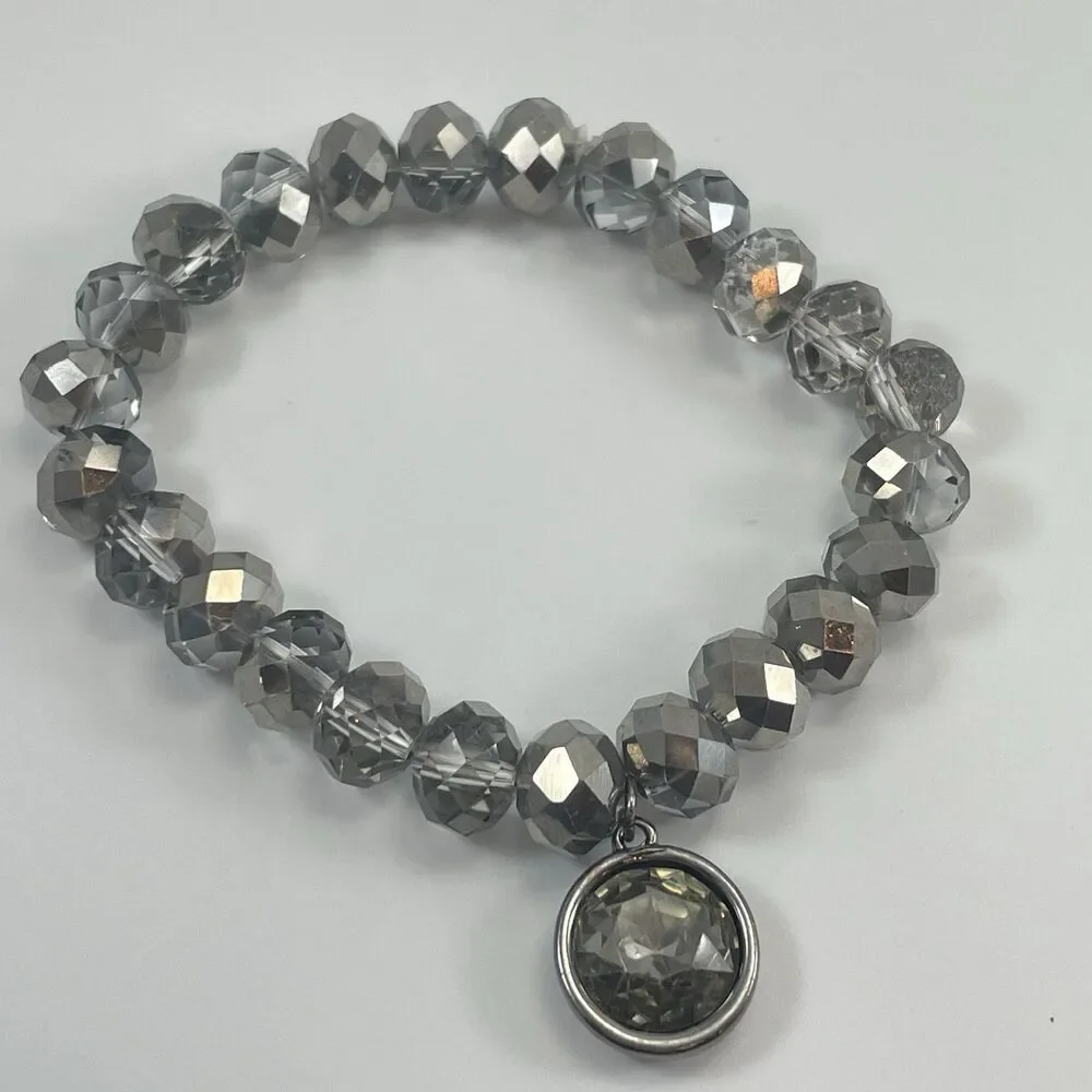 Smoke Silver Glass Rondelle Faceted Beaded Stretch Bracelet Charm Boho 6”