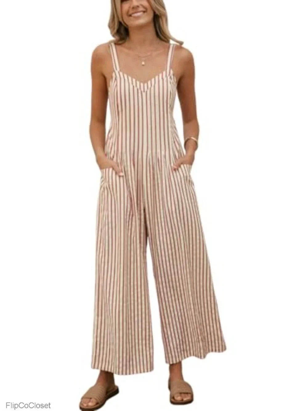 Women Striped Maxi Jumpsuit Wide Leg Sleeveless Cutout Back Pockets Summer