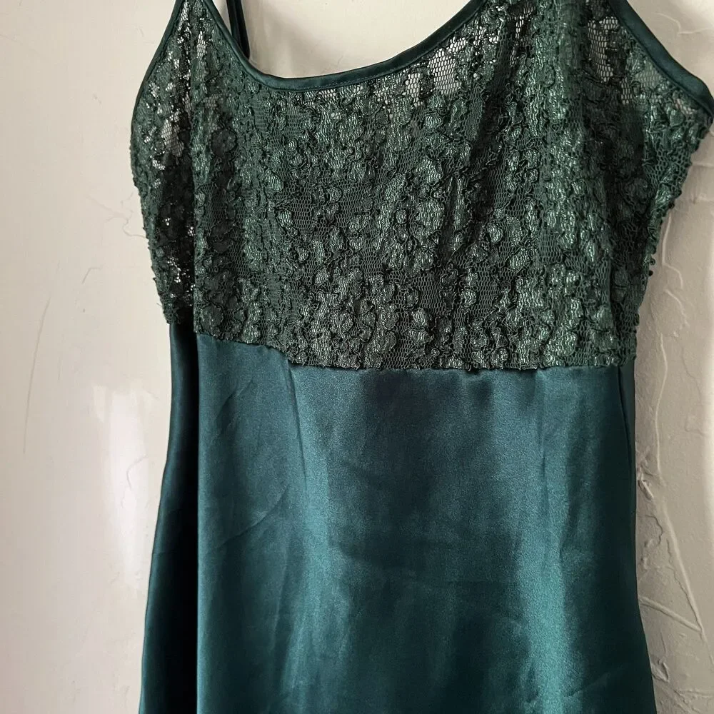 Vintage Victoria's Secret Dark Green Satin Lace Slip Dress Gold Label Size Small