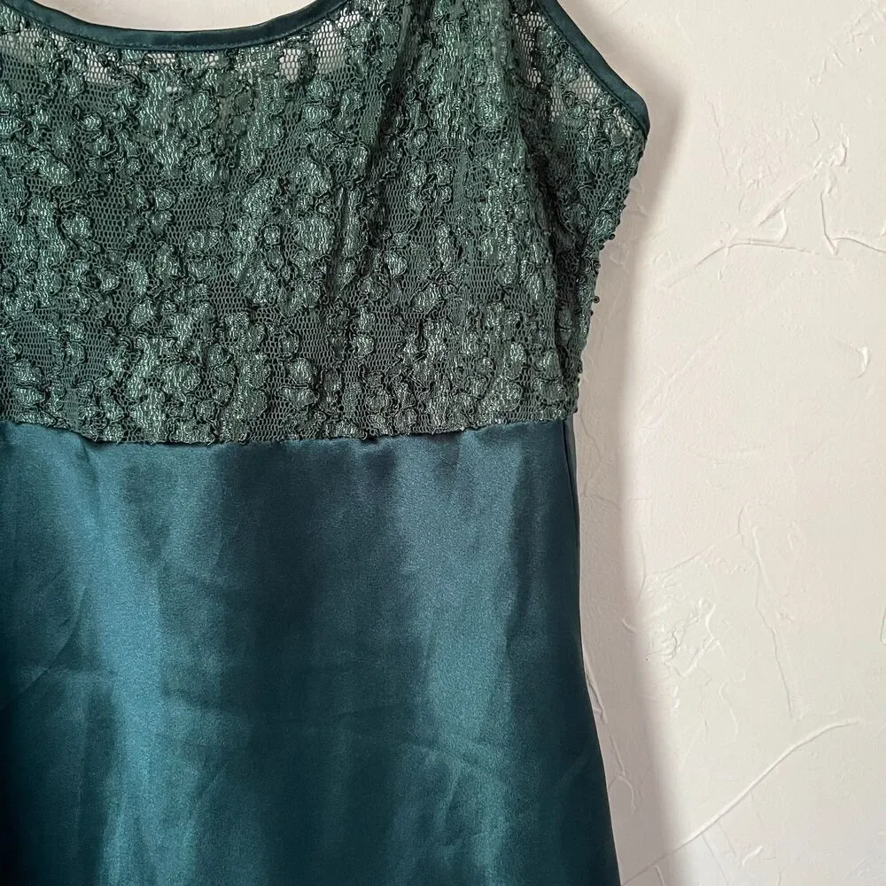 Vintage Victoria's Secret Dark Green Satin Lace Slip Dress Gold Label Size Small